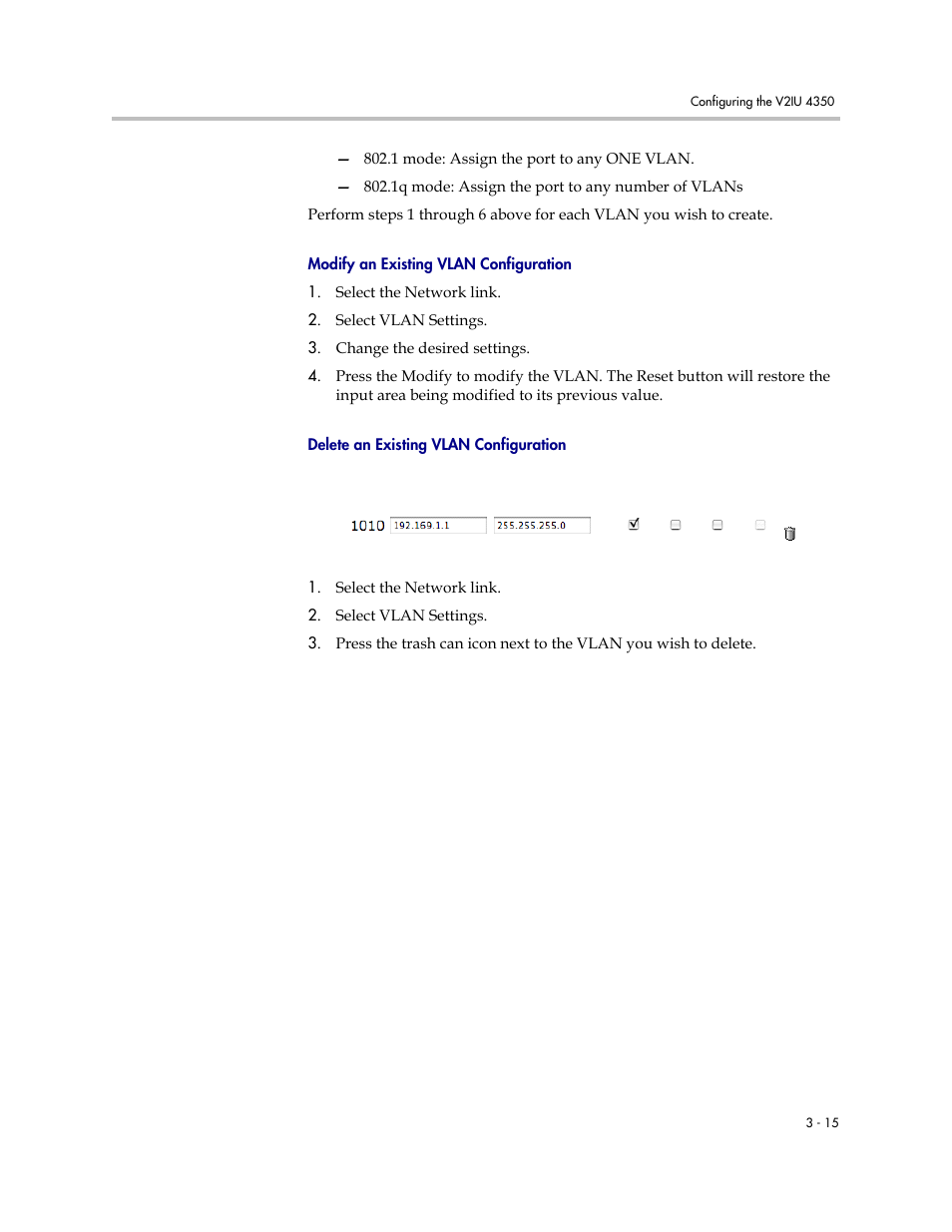 Modify an existing vlan configuration, Delete an existing vlan configuration | Polycom V2IU 4350 User Manual | Page 33 / 120