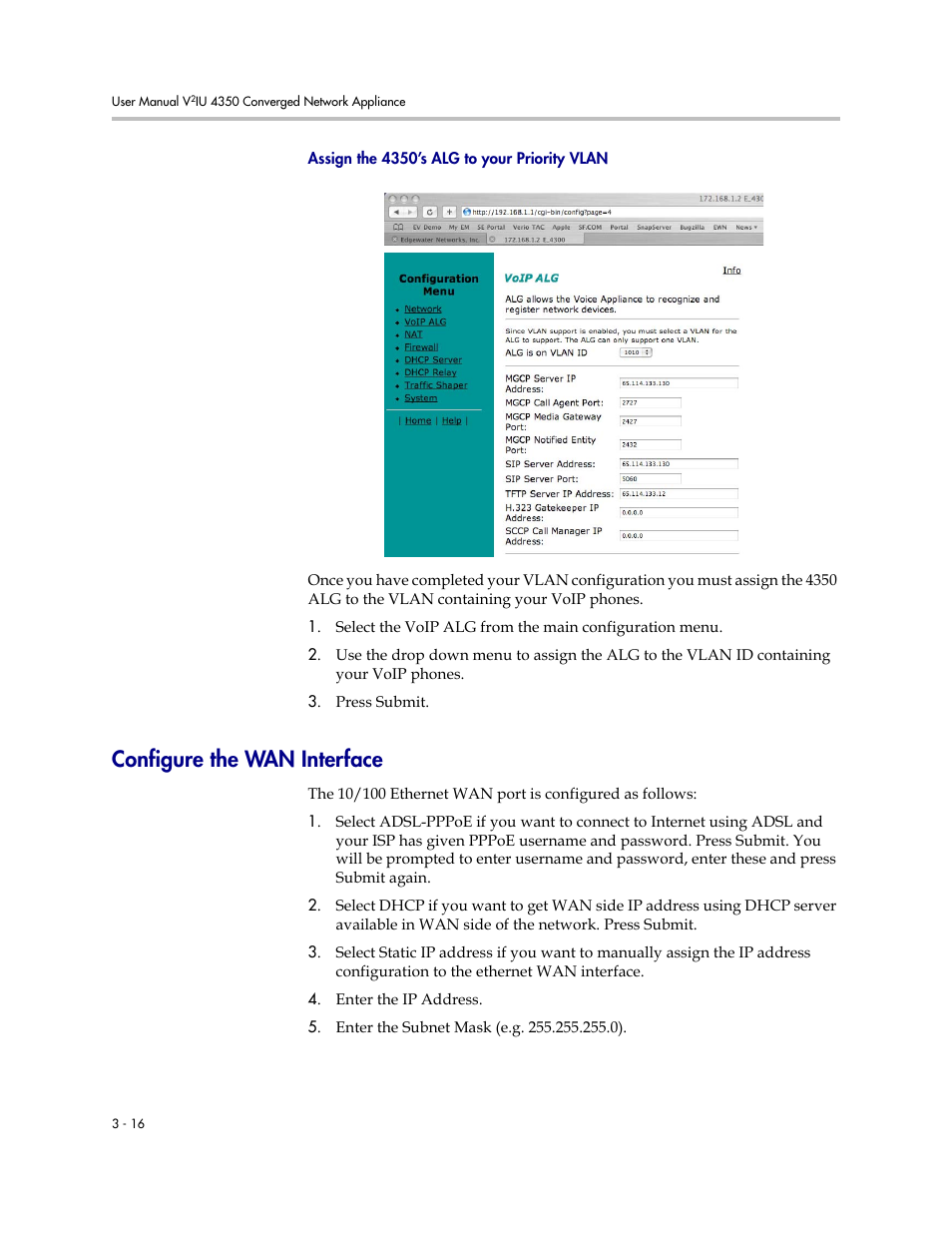 Assign the 4350’s alg to your priority vlan, Configure the wan interface, Assign the 4350’s alg to your priority vlan –16 | Configure the wan interface –16 | Polycom V2IU 4350 User Manual | Page 34 / 120