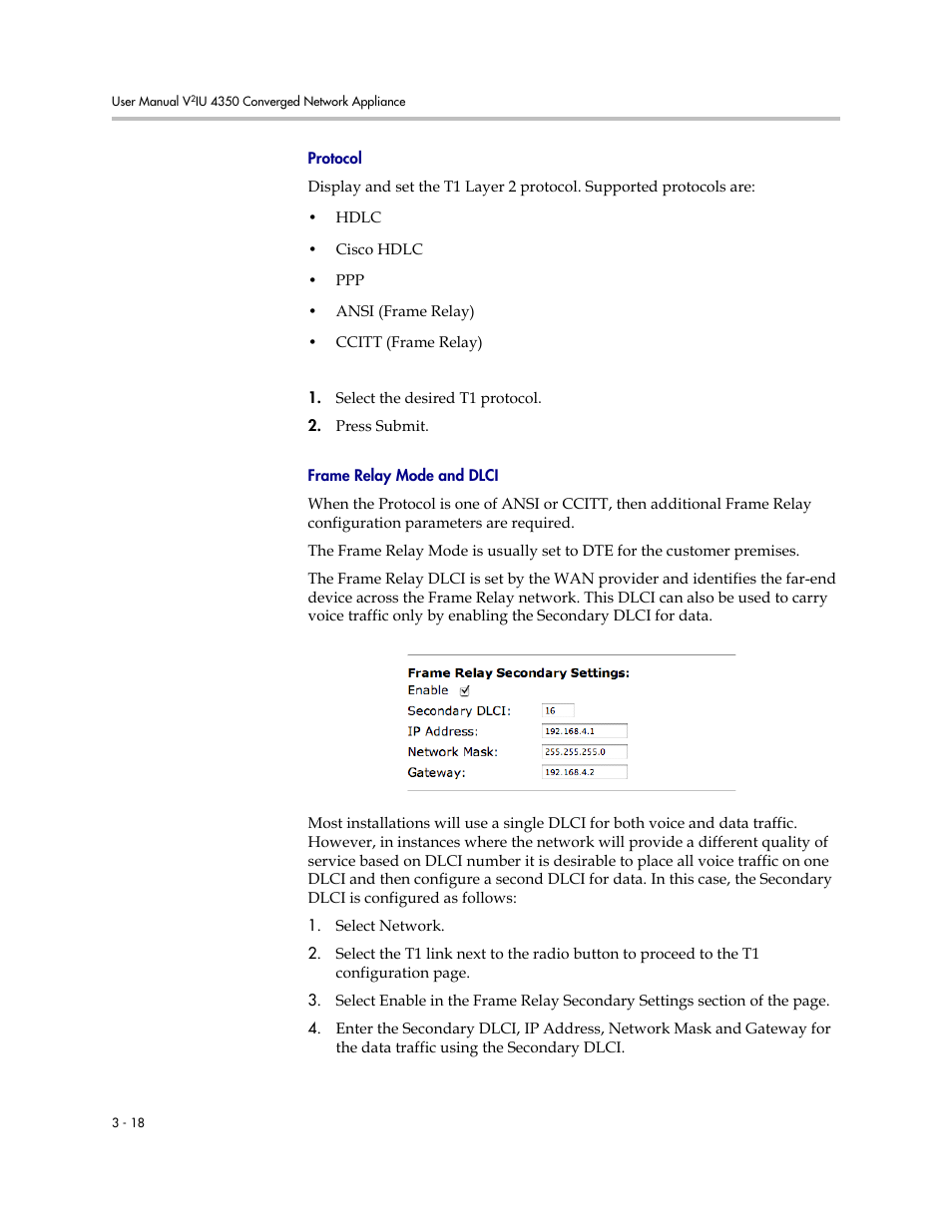 Protocol, Frame relay mode and dlci, Protocol –18 frame relay mode and dlci –18 | Polycom V2IU 4350 User Manual | Page 36 / 120