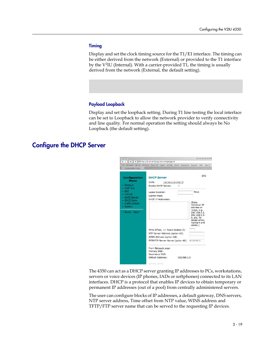 Timing, Payload loopback, Configure the dhcp server | Timing –19 payload loopback –19, Configure the dhcp server –19 | Polycom V2IU 4350 User Manual | Page 37 / 120