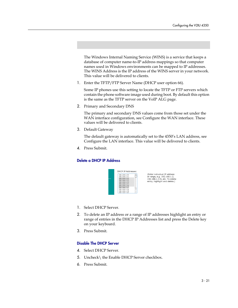 Delete a dhcp ip address, Disable the dhcp server | Polycom V2IU 4350 User Manual | Page 39 / 120