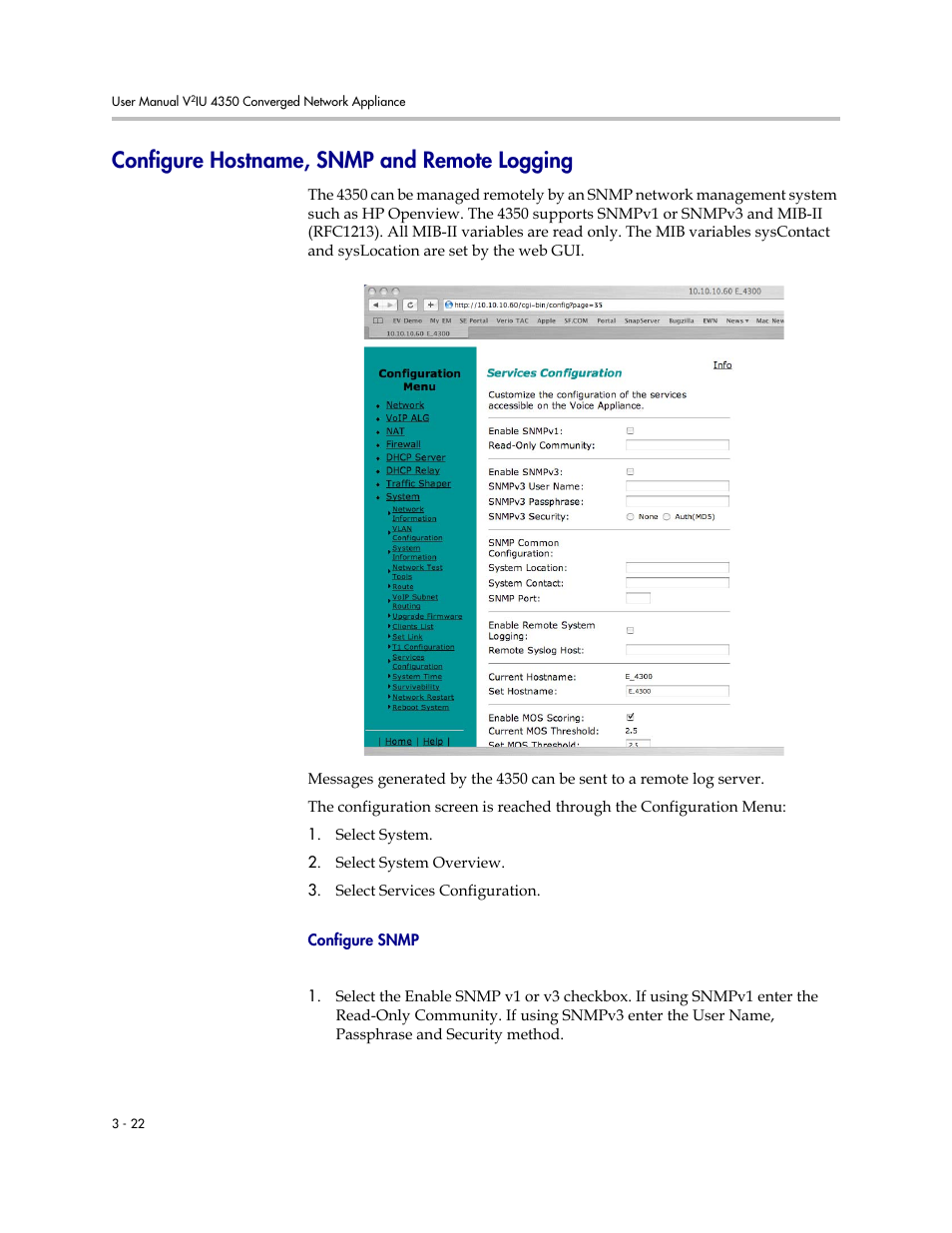 Configure hostname, snmp and remote logging, Configure snmp, Configure hostname, snmp and remote logging –22 | Configure snmp –22 | Polycom V2IU 4350 User Manual | Page 40 / 120