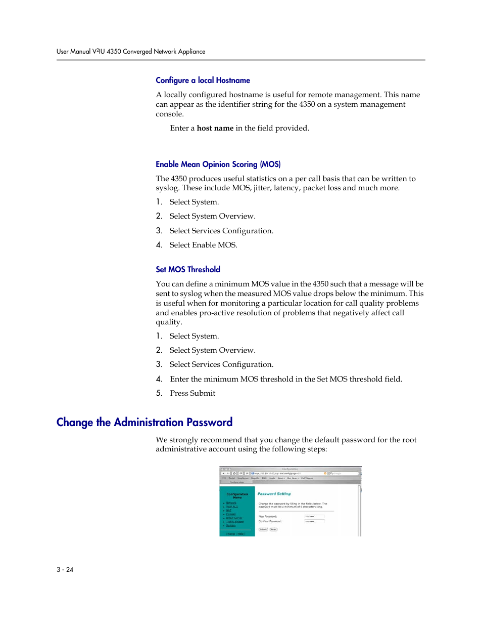 Configure a local hostname, Enable mean opinion scoring (mos), Set mos threshold | Change the administration password, Change the administration password –24 | Polycom V2IU 4350 User Manual | Page 42 / 120