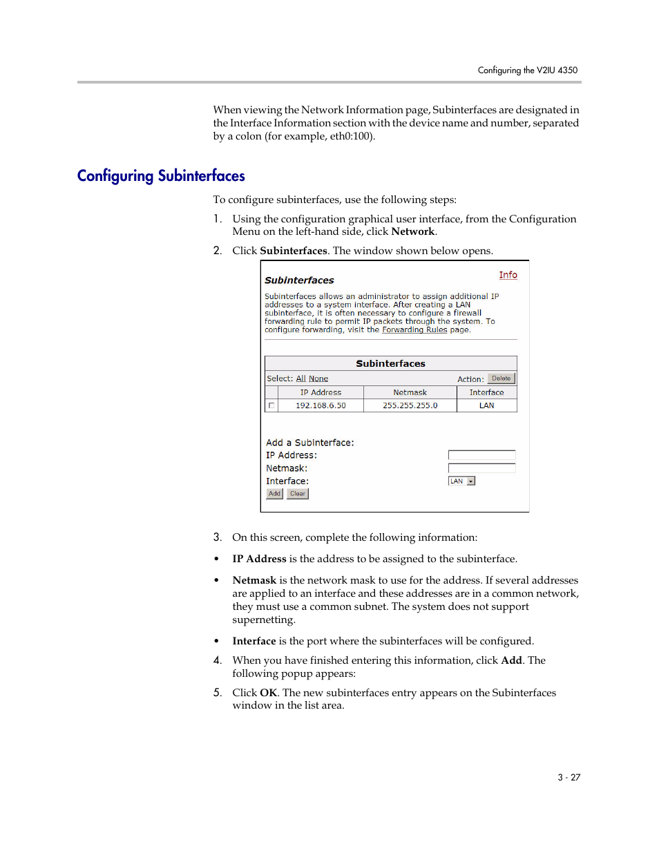 Configuring subinterfaces, Configuring subinterfaces –27 | Polycom V2IU 4350 User Manual | Page 45 / 120