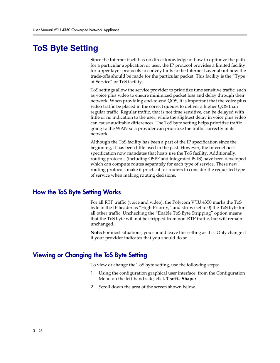 Tos byte setting, How the tos byte setting works, Viewing or changing the tos byte setting | Tos byte setting –28 | Polycom V2IU 4350 User Manual | Page 46 / 120