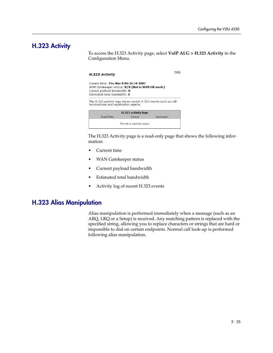 H.323 activity, H.323 alias manipulation, H.323 activity –35 h.323 alias manipulation –35 | Polycom V2IU 4350 User Manual | Page 53 / 120