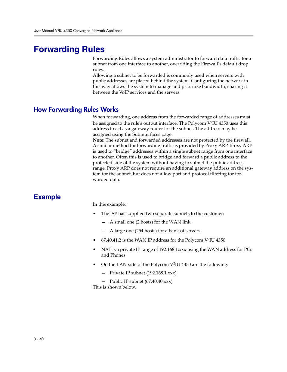 Forwarding rules, How forwarding rules works, Example | Forwarding rules –40, How forwarding rules works –40 example –40 | Polycom V2IU 4350 User Manual | Page 58 / 120