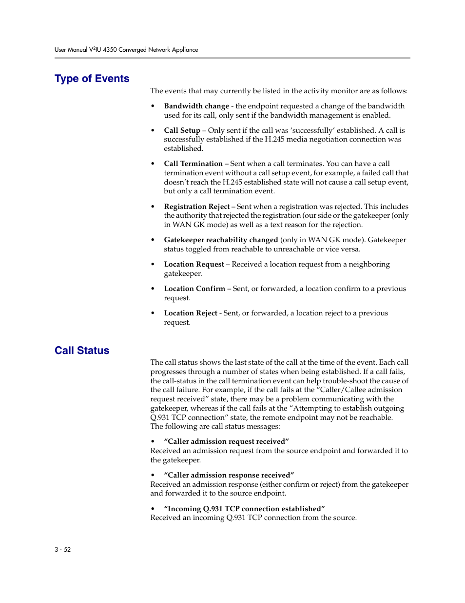 Type of events, Call status, Type of events –52 call status –52 | Polycom V2IU 4350 User Manual | Page 70 / 120