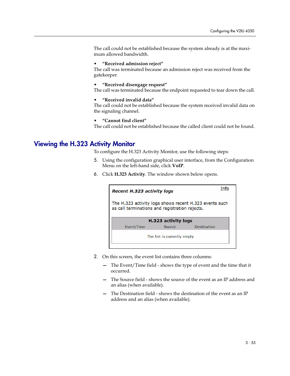 Viewing the h.323 activity monitor, Viewing the h.323 activity monitor –55 | Polycom V2IU 4350 User Manual | Page 73 / 120