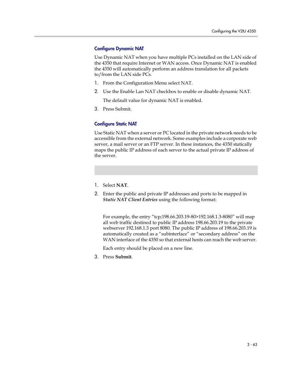 Configure dynamic nat, Configure static nat, Configure dynamic nat –63 configure static nat –63 | Polycom V2IU 4350 User Manual | Page 81 / 120