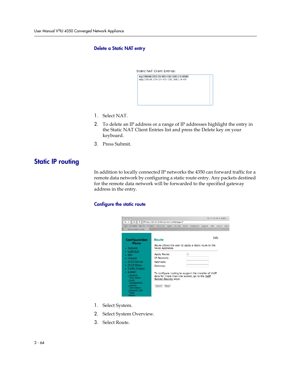 Delete a static nat entry, Static ip routing, Configure the static route | Delete a static nat entry –64, Static ip routing –64, Configure the static route –64 | Polycom V2IU 4350 User Manual | Page 82 / 120