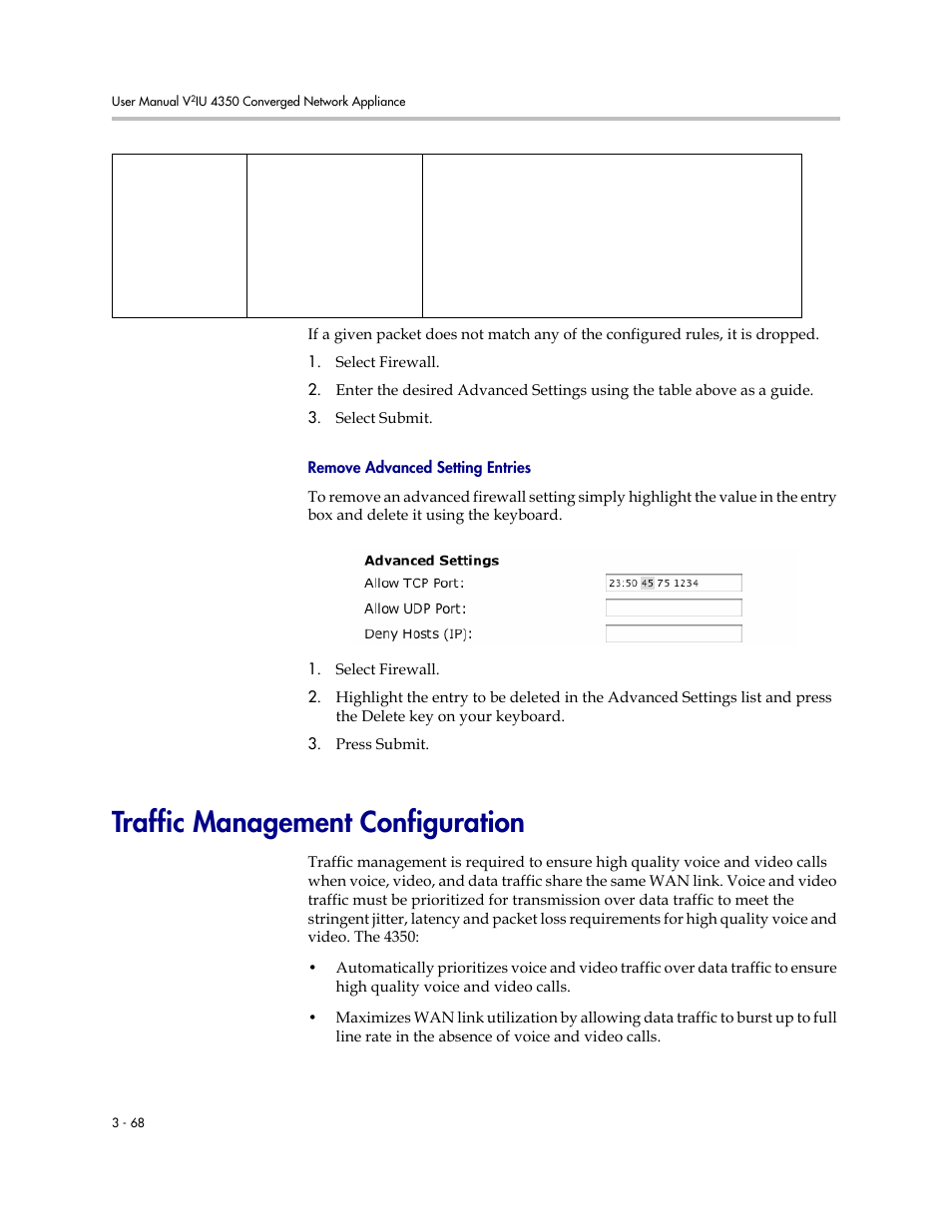 Remove advanced setting entries, Traffic management configuration, Remove advanced setting entries –68 | Traffic management configuration –68 | Polycom V2IU 4350 User Manual | Page 86 / 120