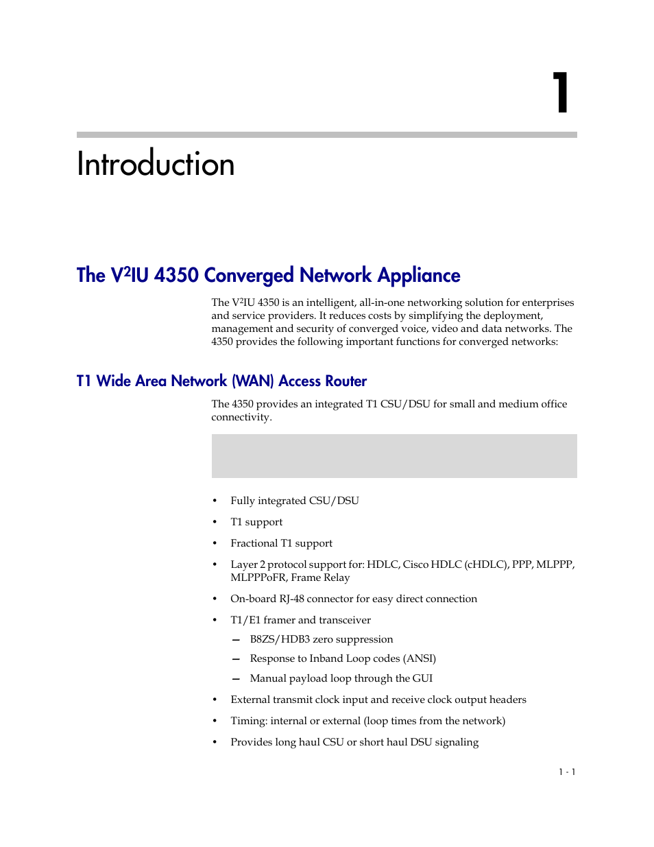 Introduction, The v2iu 4350 converged network appliance, T1 wide area network (wan) access router | 1 introduction –1, The v2iu 4350 converged network appliance –1, T1 wide area network (wan) access router –1, The v, Iu 4350 converged network appliance | Polycom V2IU 4350 User Manual | Page 9 / 120