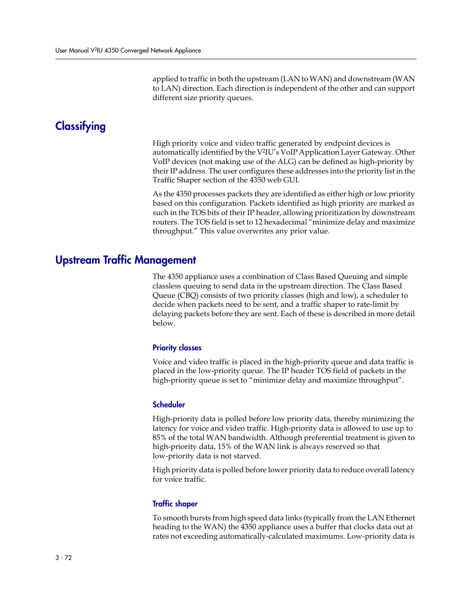 Classifying, Upstream traffic management, Priority classes | Scheduler, Traffic shaper, Classifying –72 upstream traffic management –72 | Polycom V2IU 4350 User Manual | Page 90 / 120
