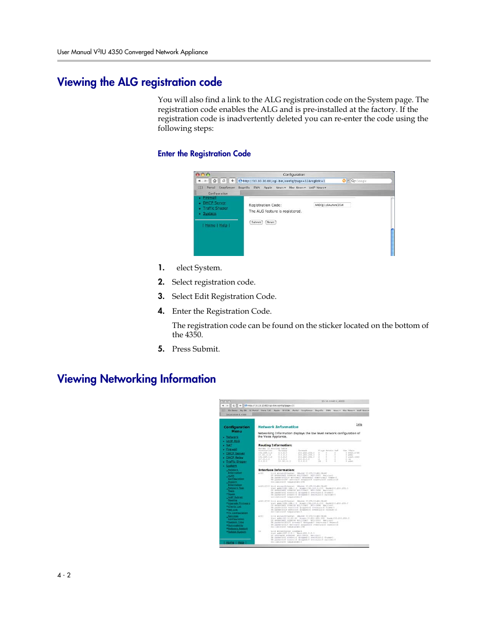 Viewing the alg registration code, Enter the registration code, Viewing networking information | Viewing the alg registration code –2, Enter the registration code –2, Viewing networking information –2 | Polycom V2IU 4350 User Manual | Page 94 / 120