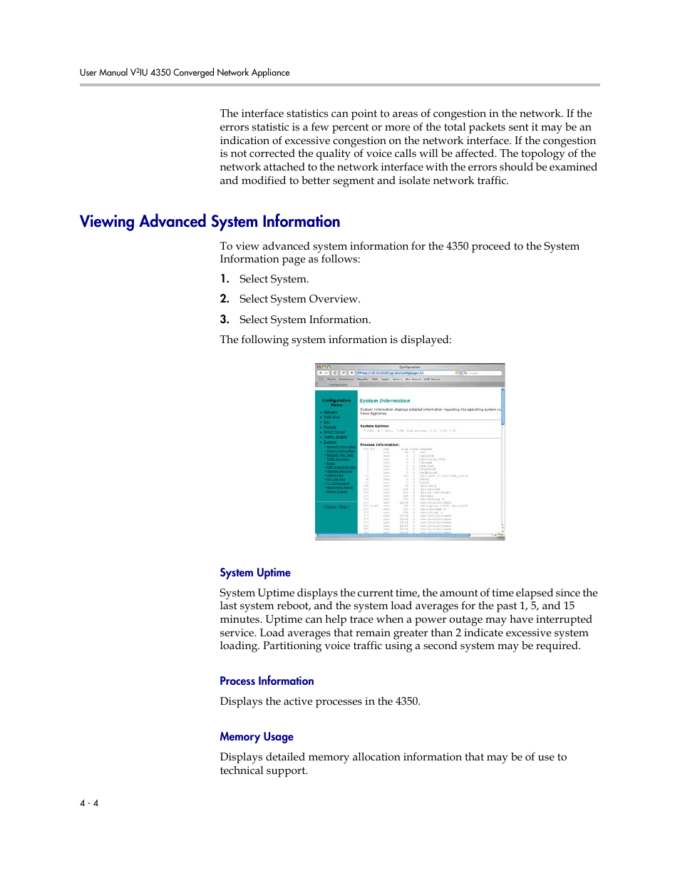 Viewing advanced system information, System uptime, Process information | Memory usage, Viewing advanced system information –4 | Polycom V2IU 4350 User Manual | Page 96 / 120