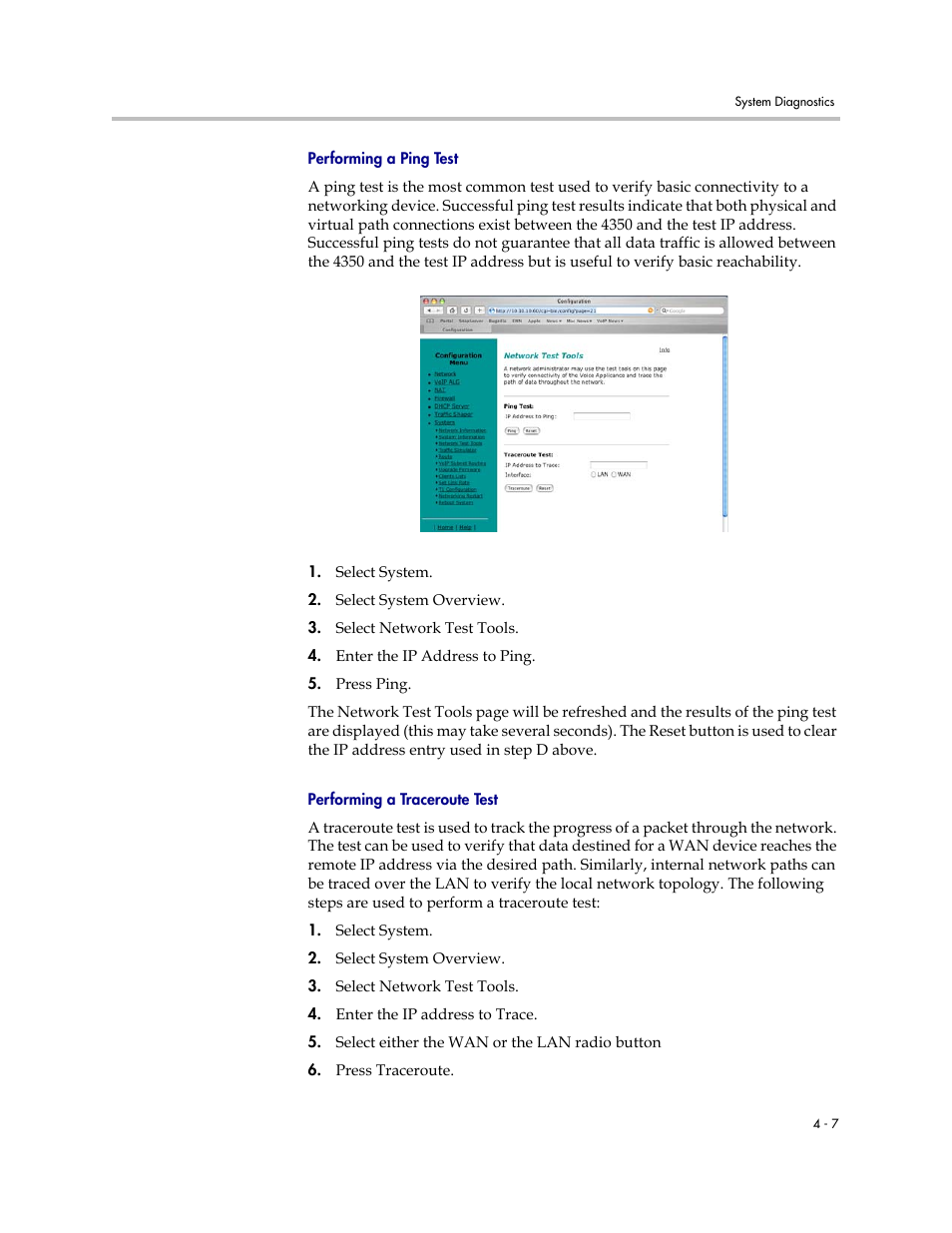 Performing a ping test, Performing a traceroute test | Polycom V2IU 4350 User Manual | Page 99 / 120
