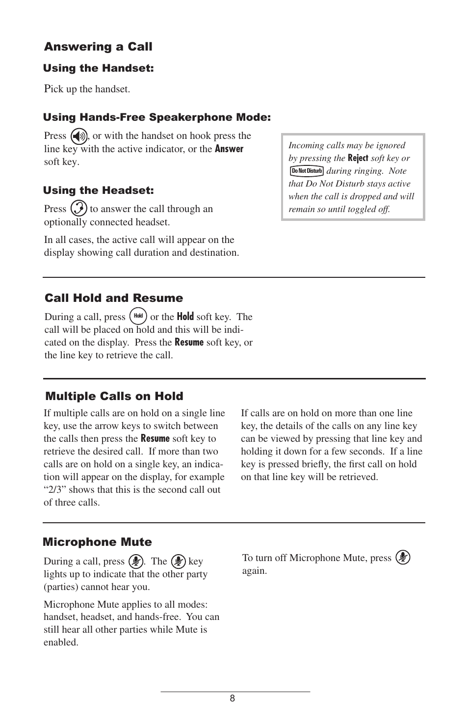 Answering a call, Call hold and resume, Multiple calls on hold | Microphone mute, Multiple calls on hold microphone mute | Polycom IP 600 User Manual | Page 11 / 36