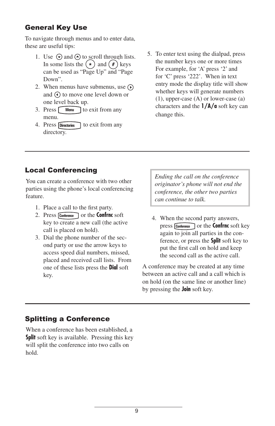 General key use, Local conferencing, Splitting a conference | Polycom IP 600 User Manual | Page 12 / 36