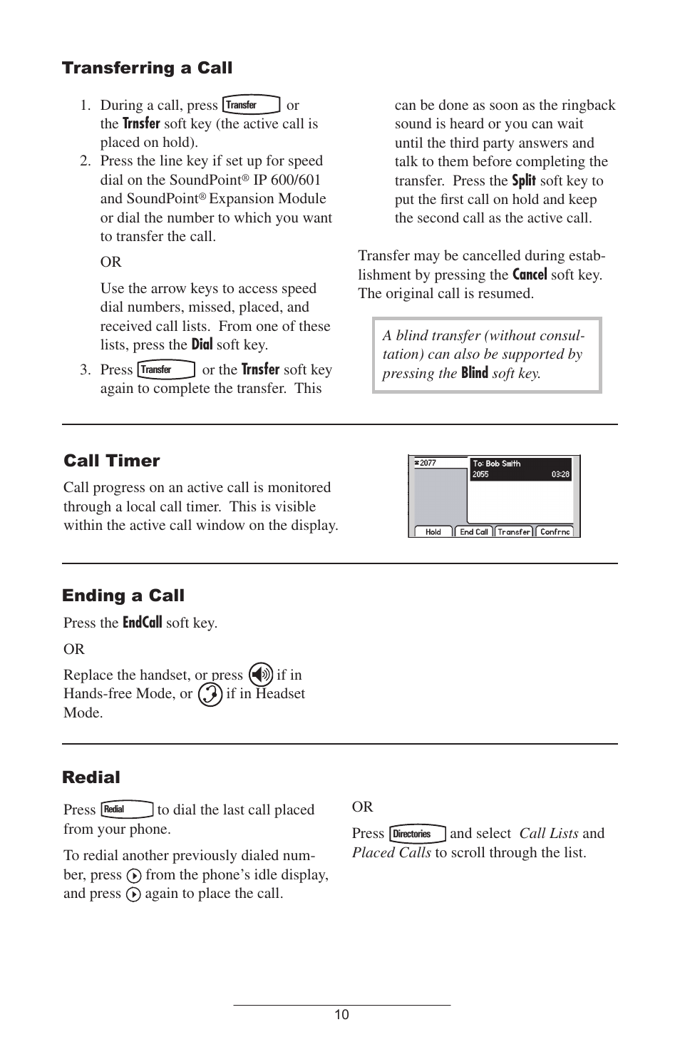 Transferring a call, Call timer, Ending a call | Redial | Polycom IP 600 User Manual | Page 13 / 36