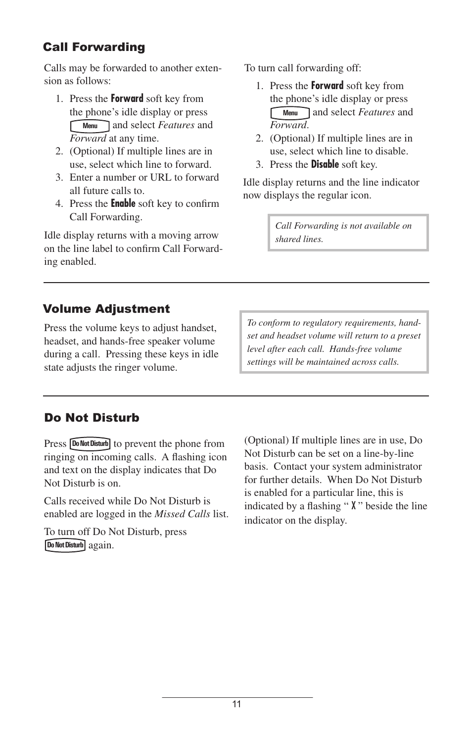 Call forwarding, Volume adjustment, Do not disturb | Polycom IP 600 User Manual | Page 14 / 36