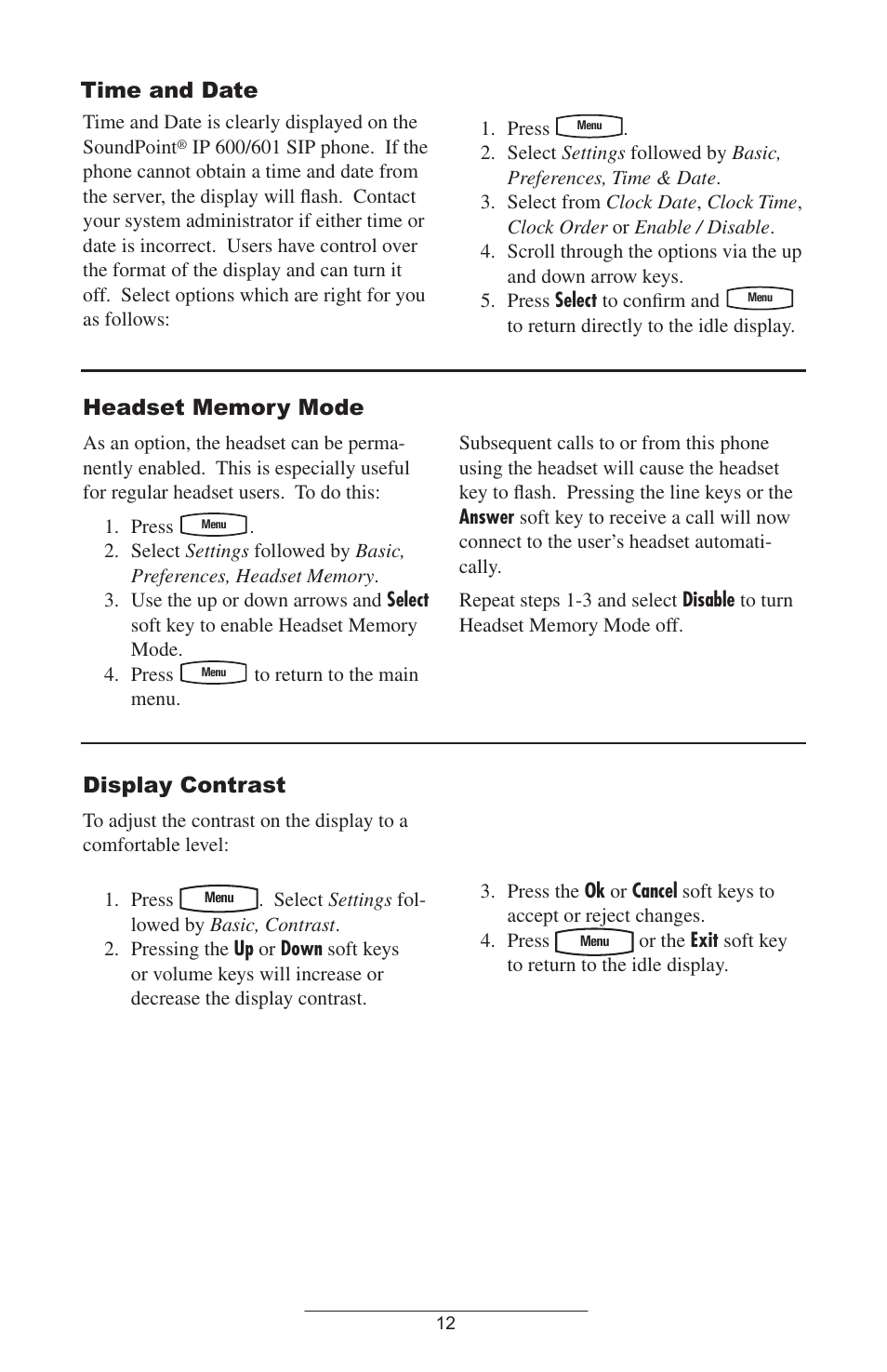 Time and date, Headset memory mode, Display contrast | Polycom IP 600 User Manual | Page 15 / 36