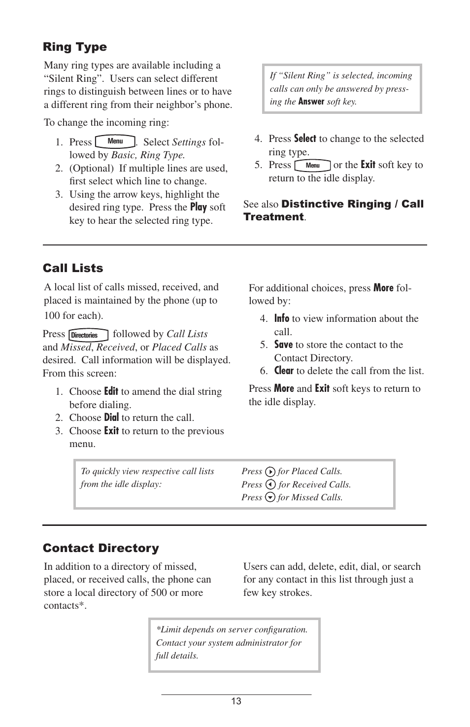 Ring type, Call lists, Contact directory | Polycom IP 600 User Manual | Page 16 / 36