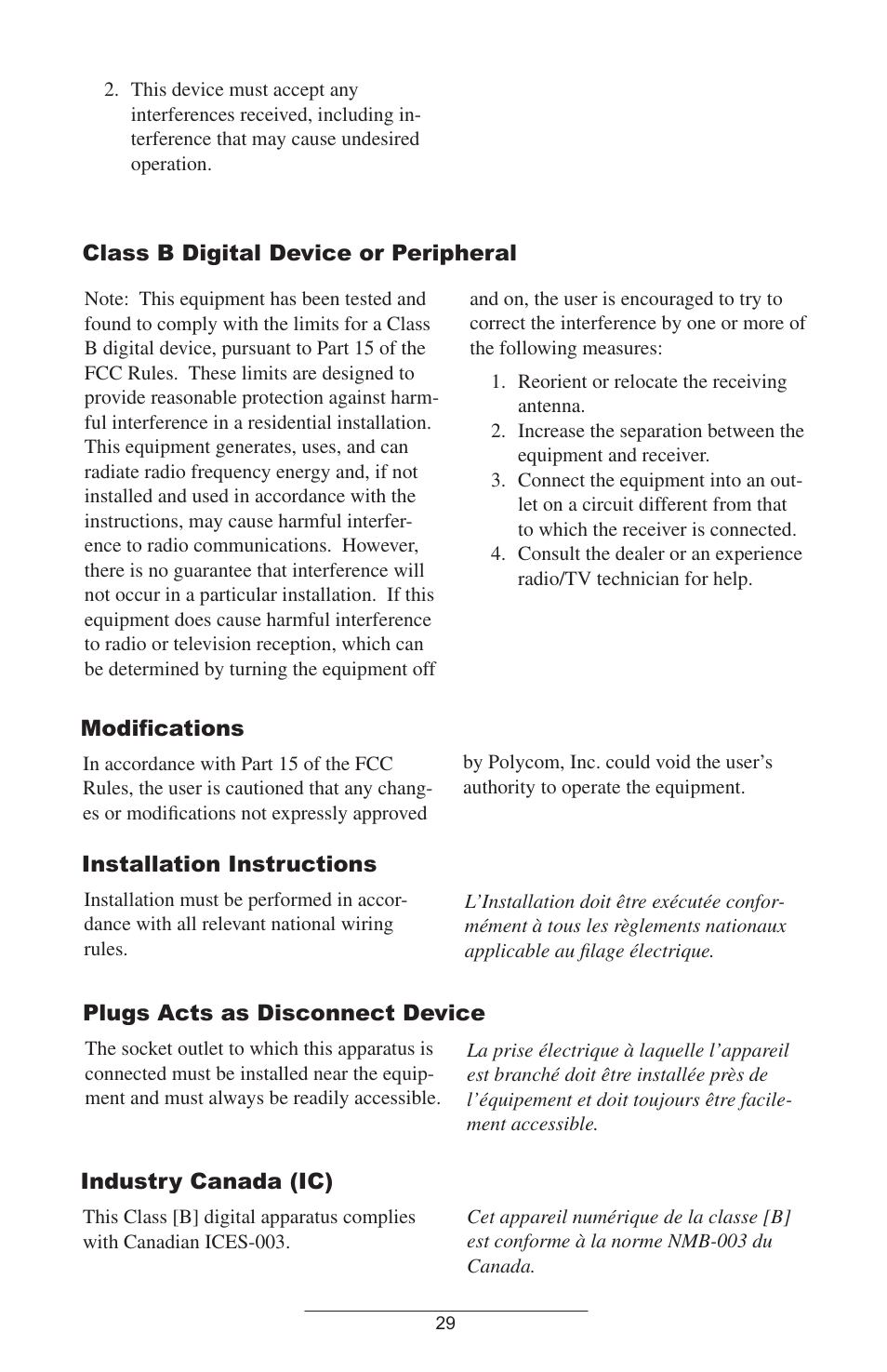 Modiﬁcations, Installation instructions, Plug acts as disconnect device | Industry canada (ic), Ce & vcci mark, Polycom limited warranty and limitation liability | Polycom IP 600 User Manual | Page 32 / 36