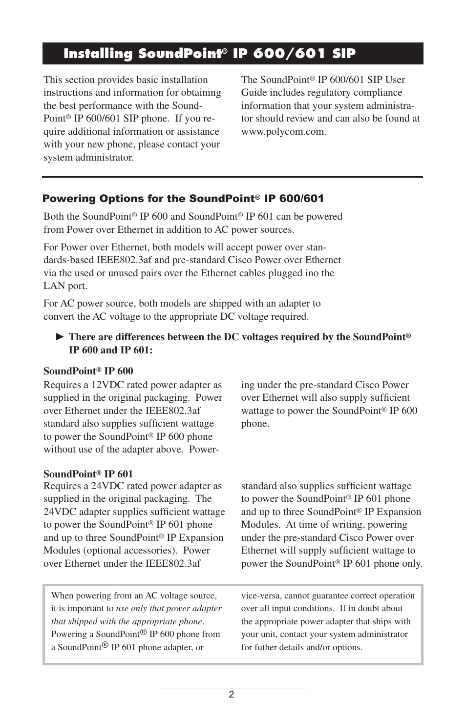 Installing soundpoint, Ip 600/601 sip, Powering options for the soundpoint | Polycom IP 600 User Manual | Page 5 / 36