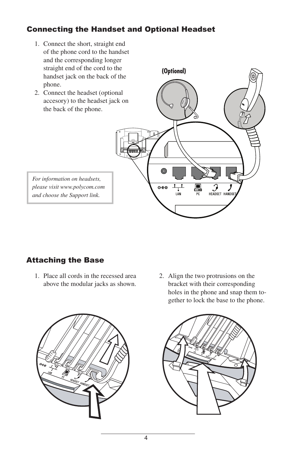 Connecting the handset and optional headset, Attaching the base | Polycom IP 600 User Manual | Page 7 / 36