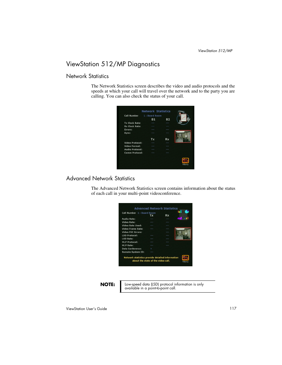 Viewstation 512/mp diagnostics, Network statistics advanced network statistics | Polycom Viewstation MP User Manual | Page 117 / 140