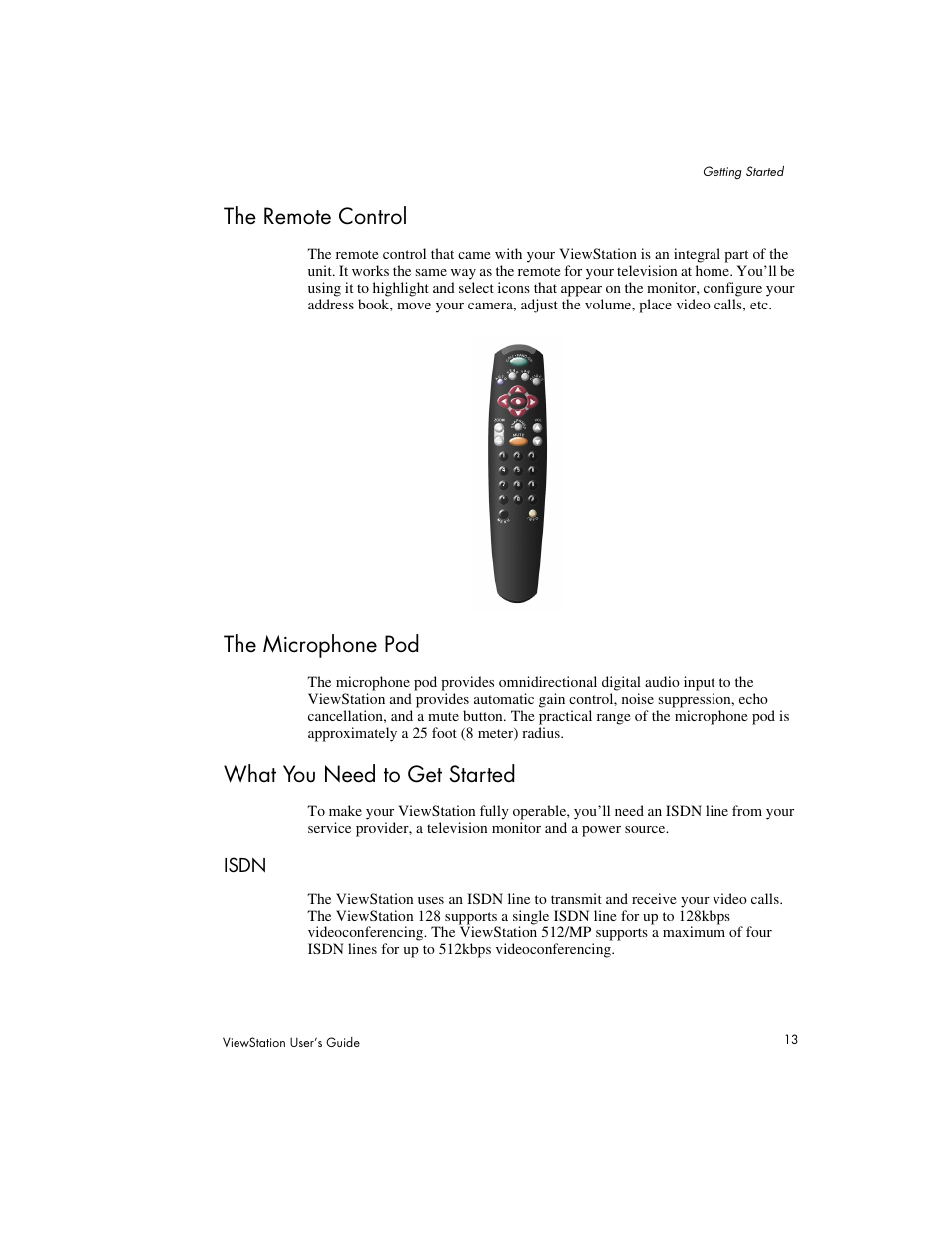 What’s in the box, The microphone pod what you need to get started, Isdn | The remote control, The microphone pod, What you need to get started | Polycom Viewstation MP User Manual | Page 13 / 140