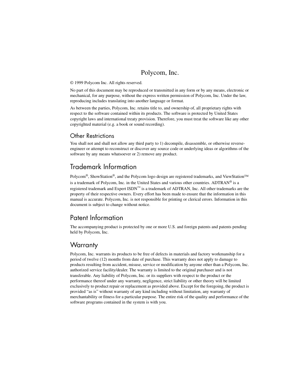 Polycom, inc, Trademark information, Patent information | Warranty, Other restrictions | Polycom Viewstation MP User Manual | Page 2 / 140
