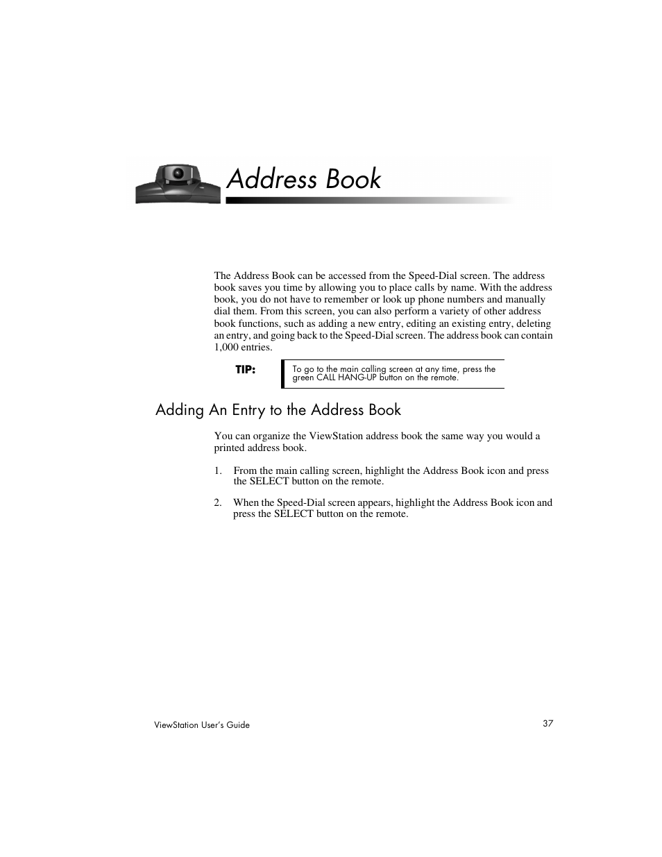 Address book, Adding an entry to the address book | Polycom Viewstation MP User Manual | Page 37 / 140