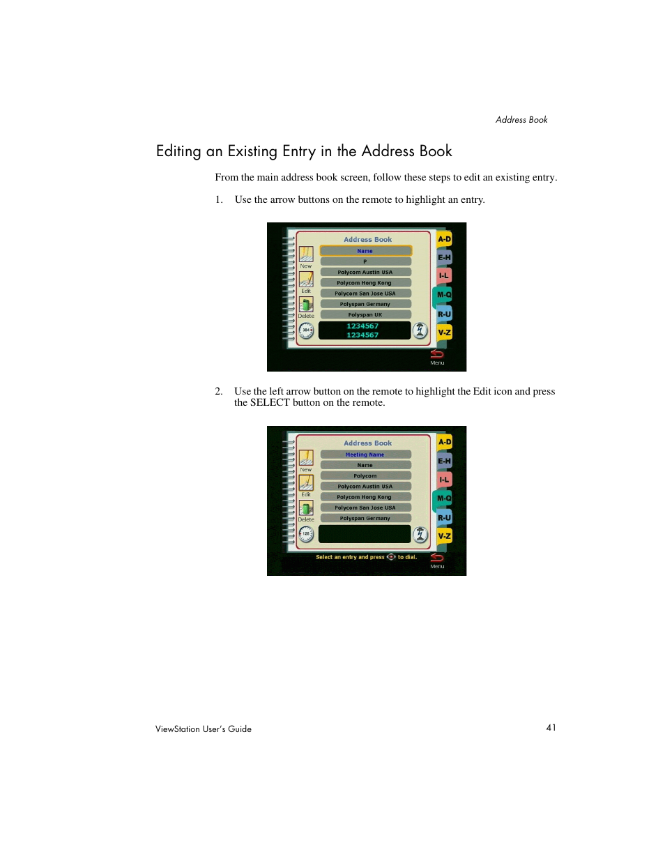 Editing an existing entry in the address book | Polycom Viewstation MP User Manual | Page 41 / 140