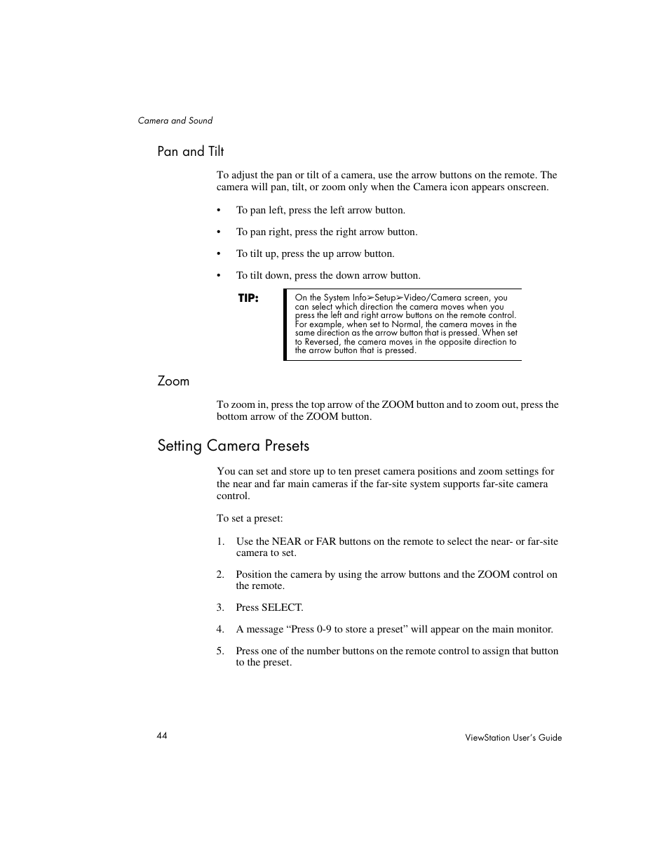 Pan and tilt zoom, Setting camera presets, Pan and tilt | Zoom | Polycom Viewstation MP User Manual | Page 44 / 140