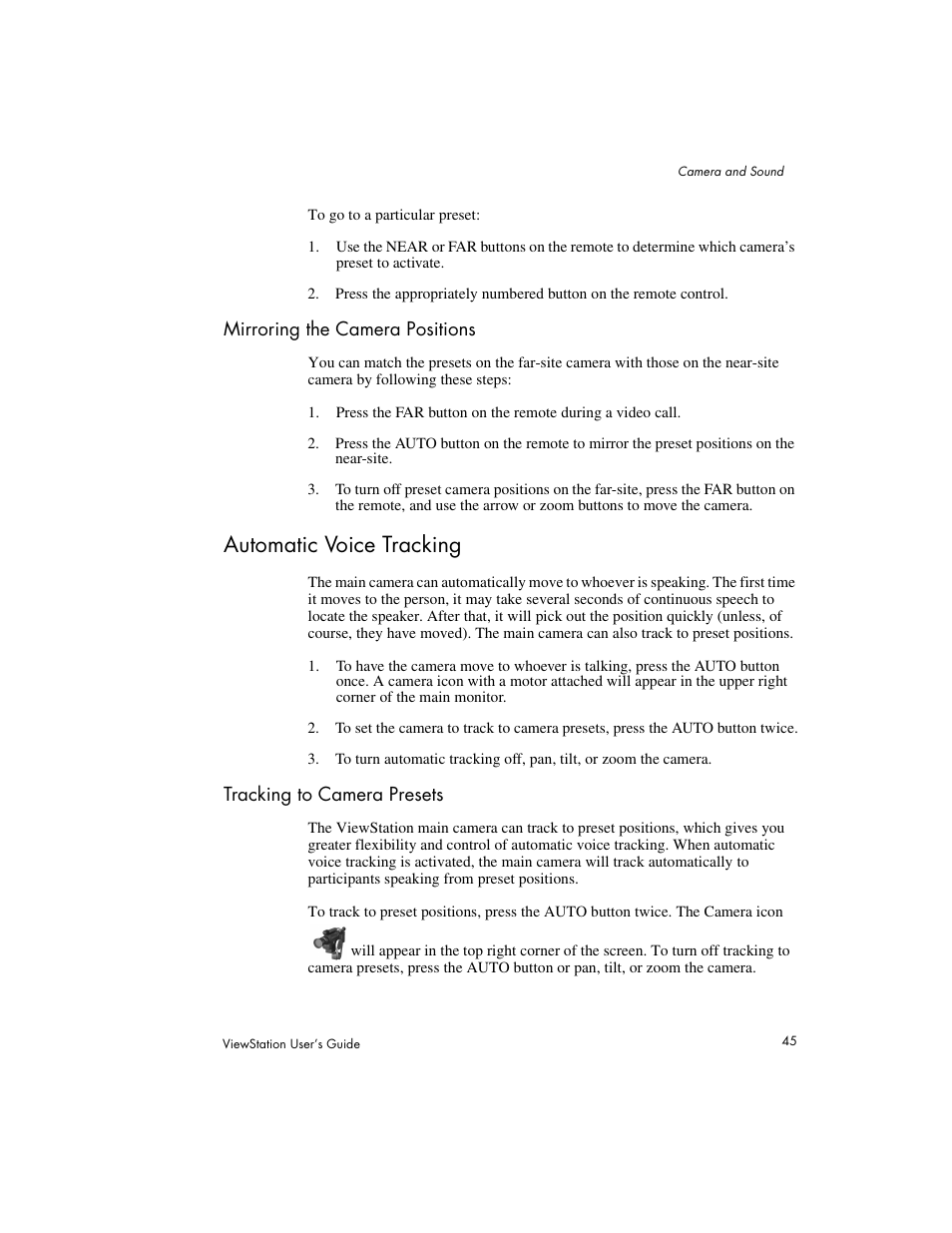 Mirroring the camera positions, Automatic voice tracking, Tracking to camera presets | Polycom Viewstation MP User Manual | Page 45 / 140