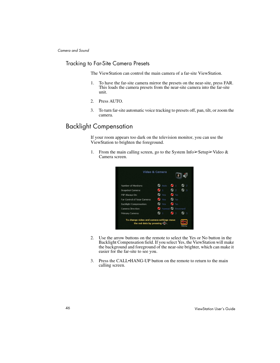 Tracking to far-site camera presets, Backlight compensation | Polycom Viewstation MP User Manual | Page 46 / 140