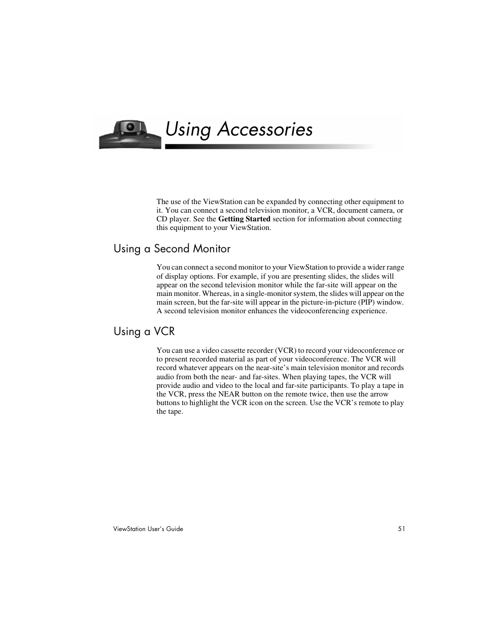 Using accessories, Using a second monitor using a vcr | Polycom Viewstation MP User Manual | Page 51 / 140