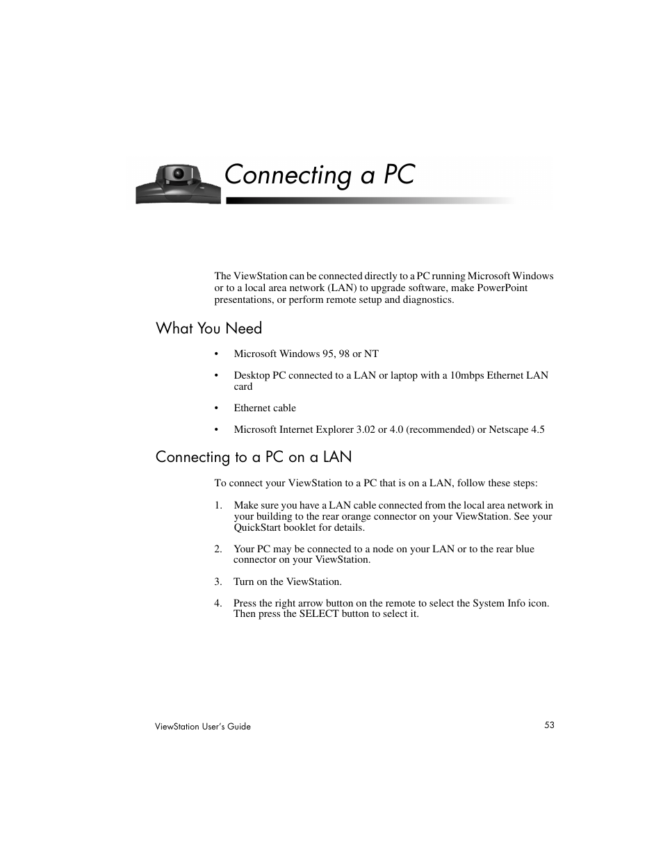 Connecting a pc, What you need connecting to a pc on a lan, What you need | Connecting to a pc on a lan | Polycom Viewstation MP User Manual | Page 53 / 140