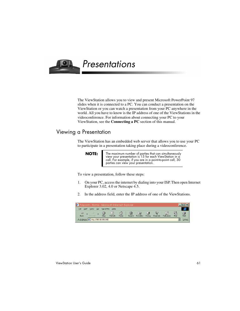 Presentations, Viewing a presentation | Polycom Viewstation MP User Manual | Page 61 / 140