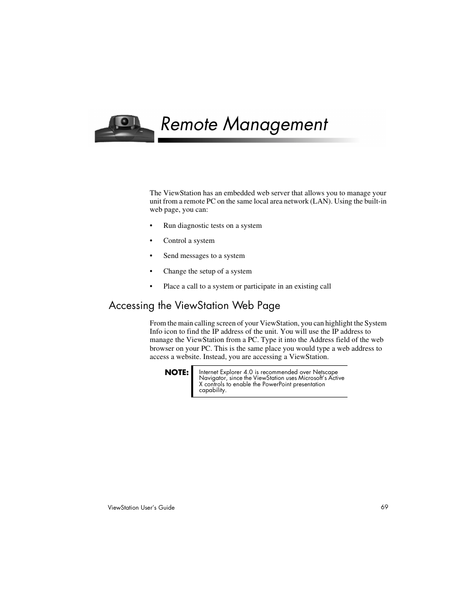 Remote management, Accessing the viewstation web page | Polycom Viewstation MP User Manual | Page 69 / 140