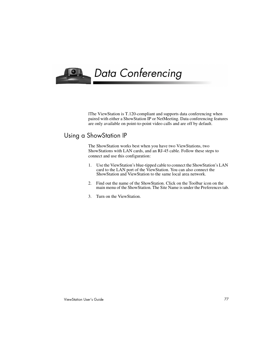 Data conferencing, Using a showstation ip | Polycom Viewstation MP User Manual | Page 77 / 140