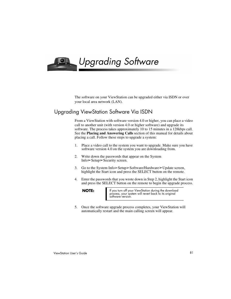 Upgrading software, Upgrading viewstation software via isdn | Polycom Viewstation MP User Manual | Page 81 / 140