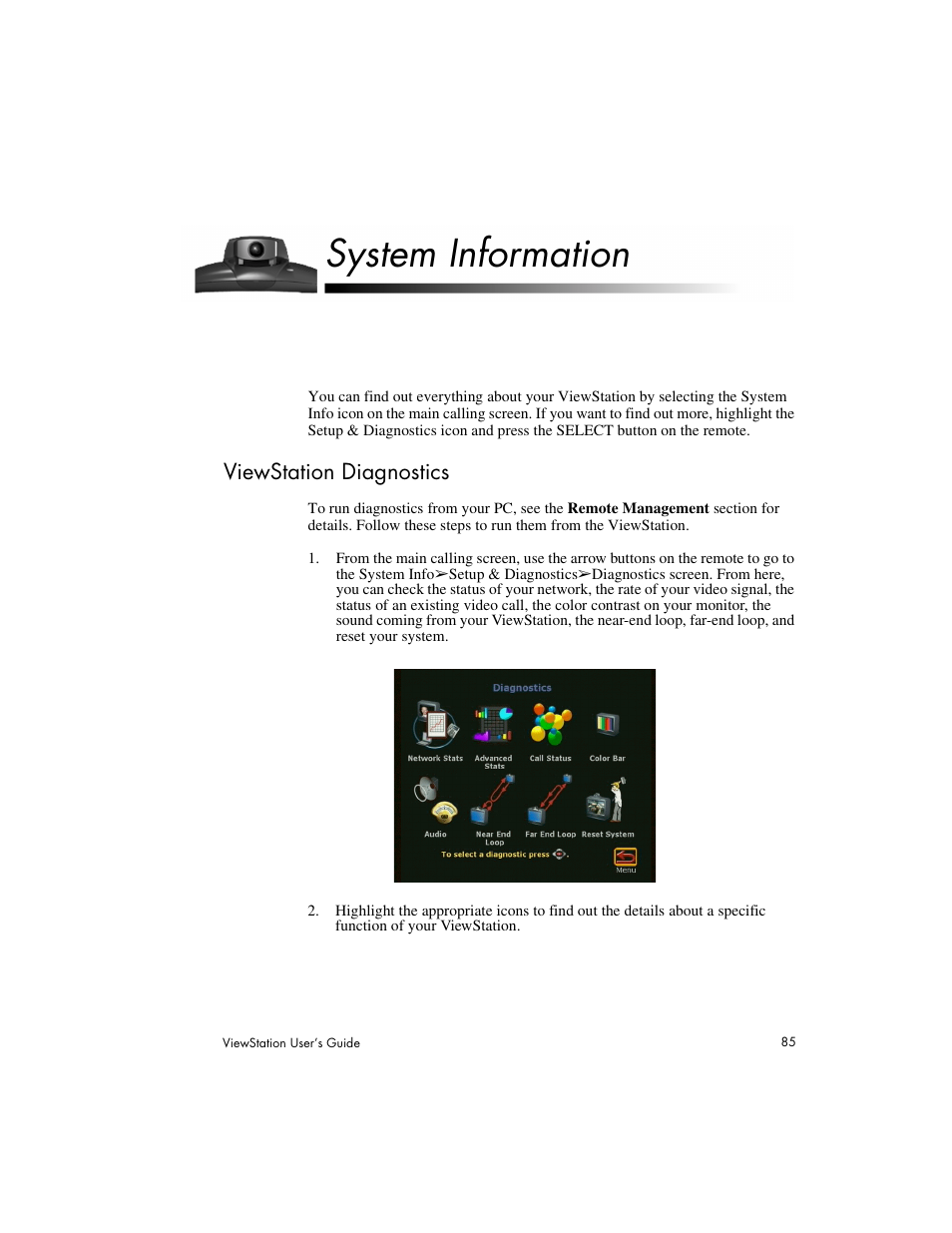 System information, Viewstation diagnostics | Polycom Viewstation MP User Manual | Page 85 / 140
