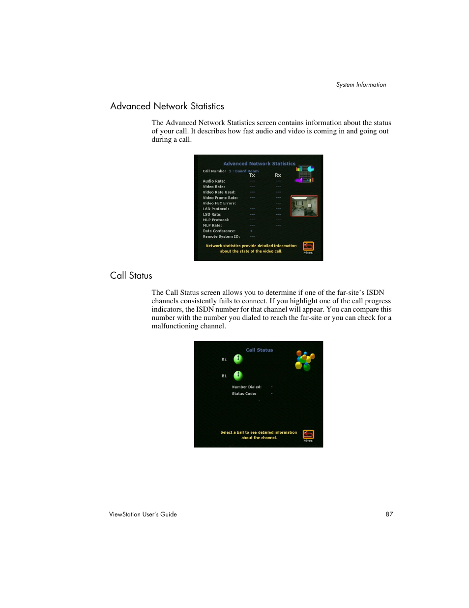 Advanced network statistics call status | Polycom Viewstation MP User Manual | Page 87 / 140
