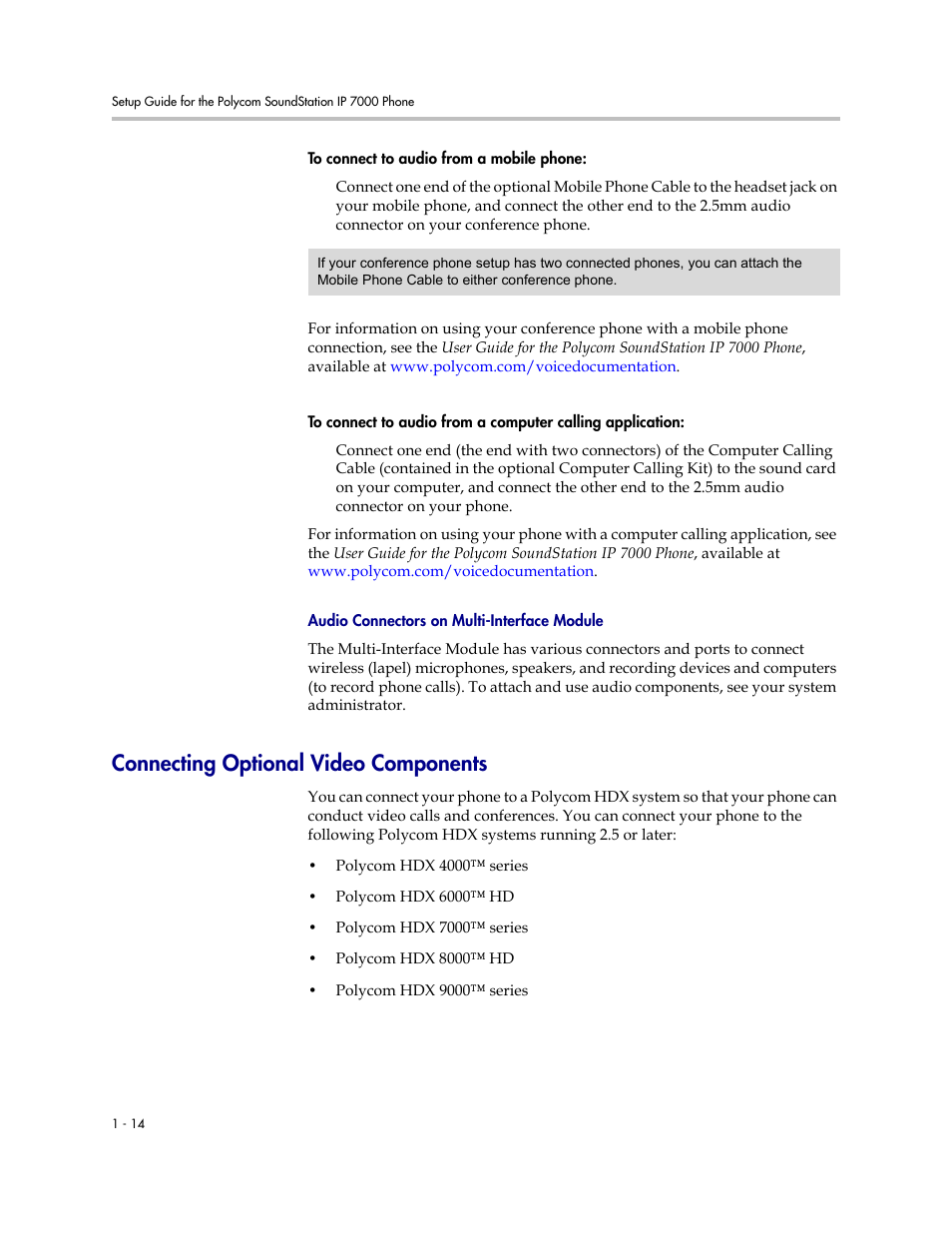 Connecting optional video components, Connecting optional video components –14, Connecting optional | Video components | Polycom SoundStation IP 7000 User Manual | Page 20 / 38