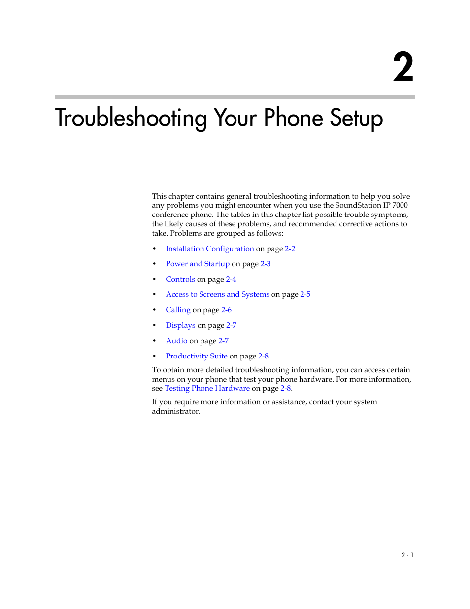 Troubleshooting your phone setup, 2 troubleshooting your phone setup –1 | Polycom SoundStation IP 7000 User Manual | Page 25 / 38