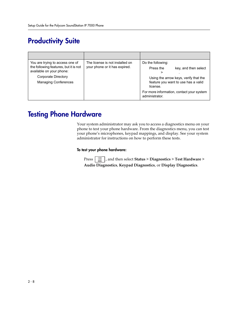 Productivity suite, Testing phone hardware, Productivity suite –8 testing phone hardware –8 | Productivity suite testing phone hardware | Polycom SoundStation IP 7000 User Manual | Page 32 / 38