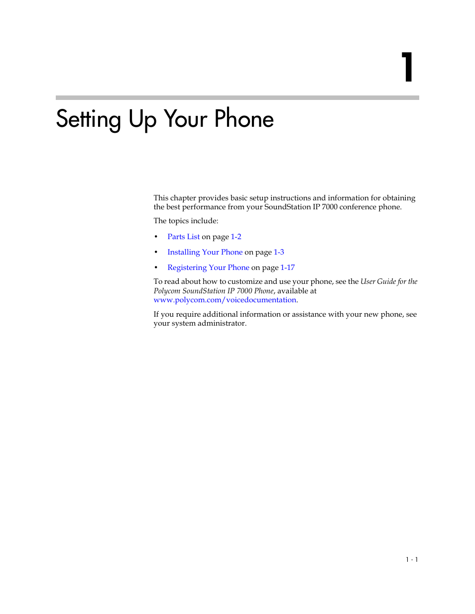 Setting up your phone, 1 setting up your phone –1 | Polycom SoundStation IP 7000 User Manual | Page 7 / 38